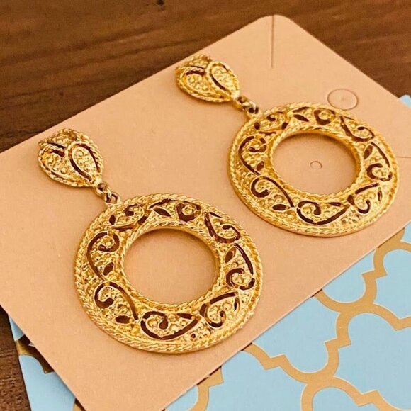 Byzantine Style Gold Tone Round Drop Earrings - Picture 1 of 5